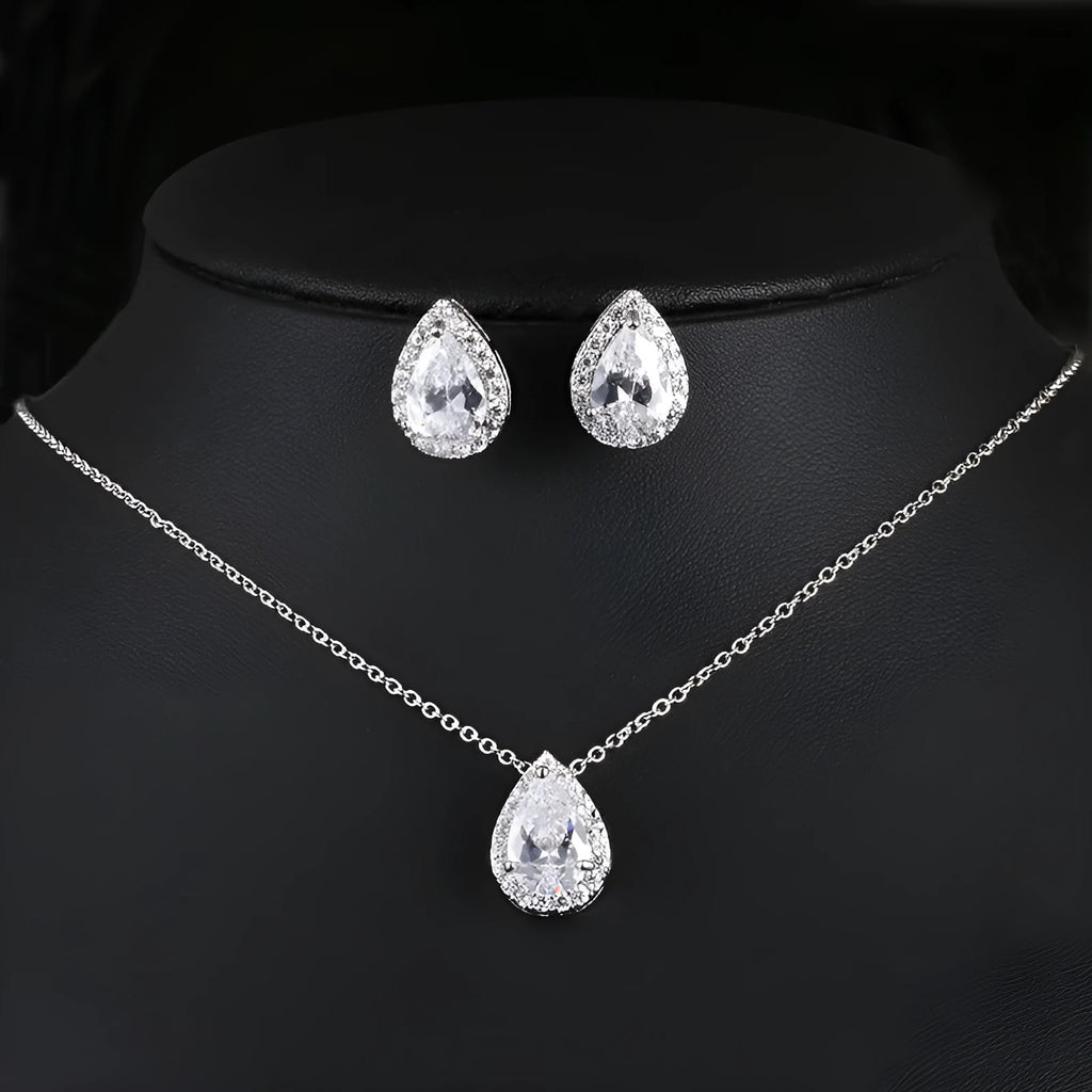 Women's water drop gemstone necklace and earrings jewellery set in copper and zircon, available in gold finish