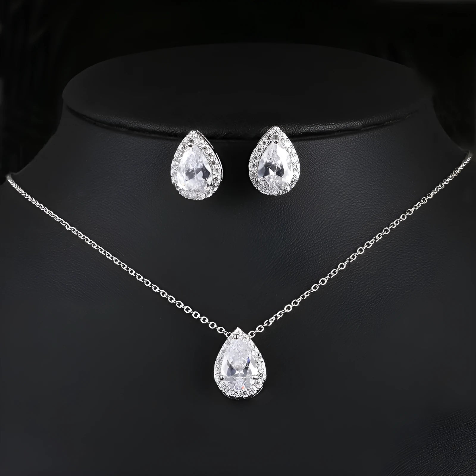 Women's water drop gemstone necklace and earrings jewellery set in copper and zircon, available in gold finish