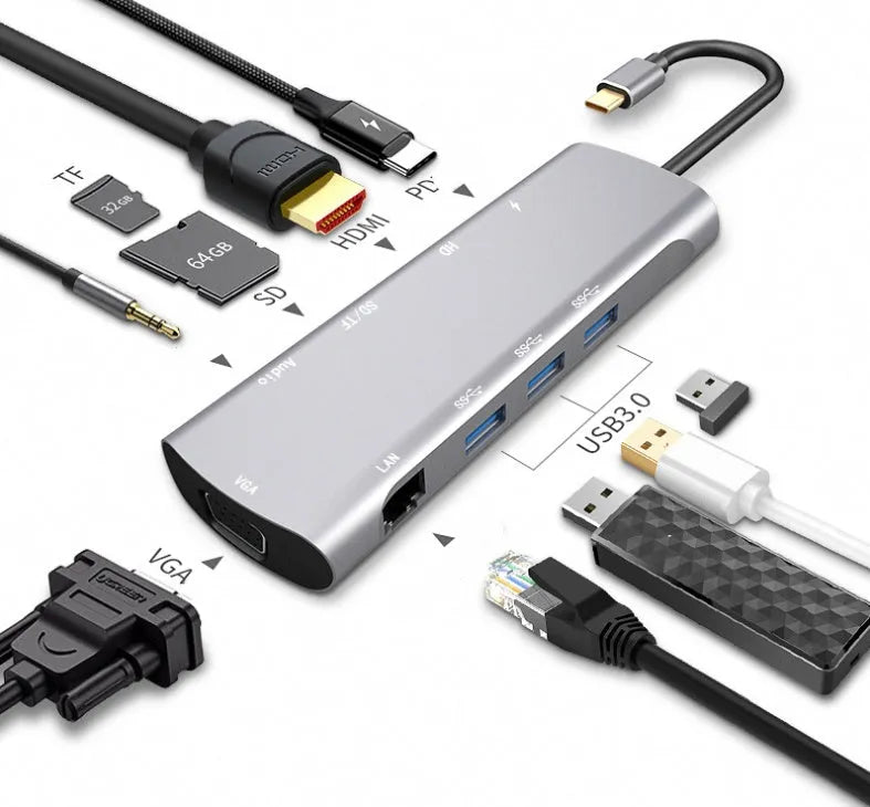Grey aluminium USB-C docking station showing HDMI, VGA, USB, PD charging, and SD card ports.