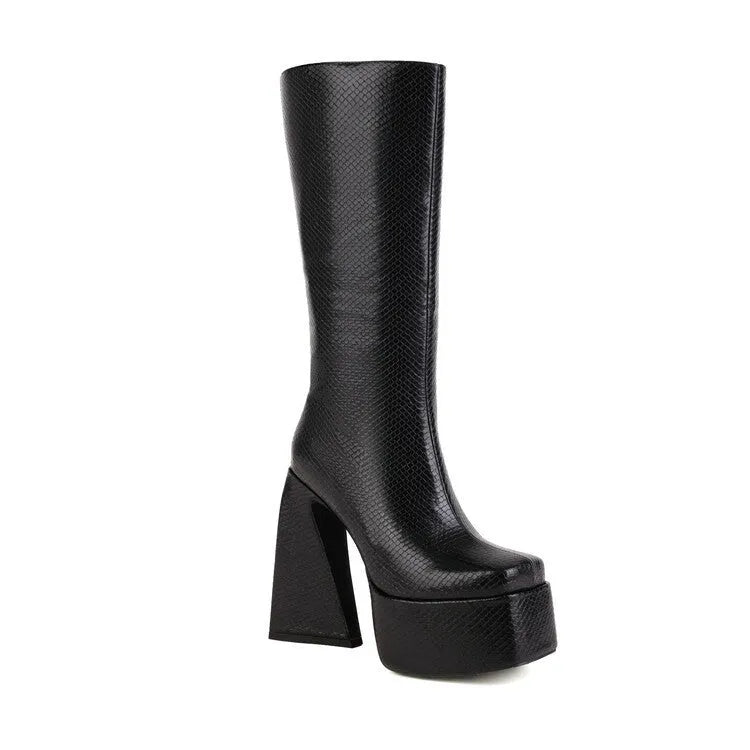 Women's casual high boot in artificial PU leather, shown in black, red, blue, and white colour options.