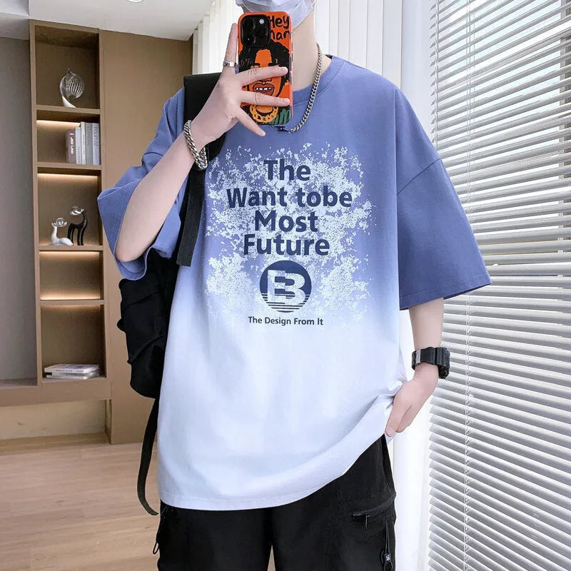 Dark blue youth t-shirt with printed text, showing drop-shoulder short sleeves