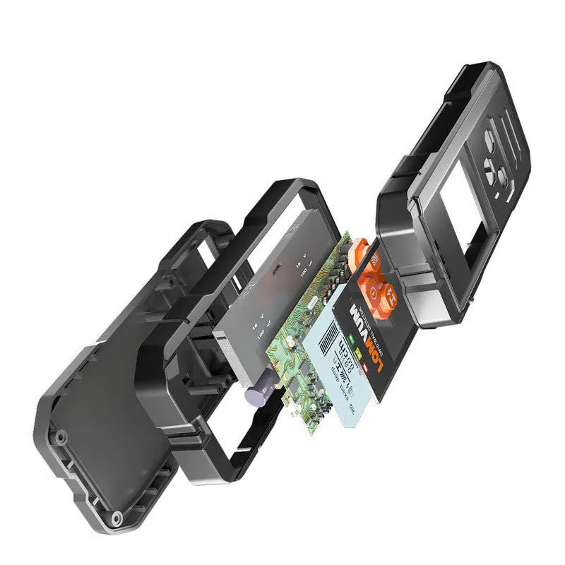 Handheld multifunctional wall detector tool for finding metal, wires, and wood behind walls.
