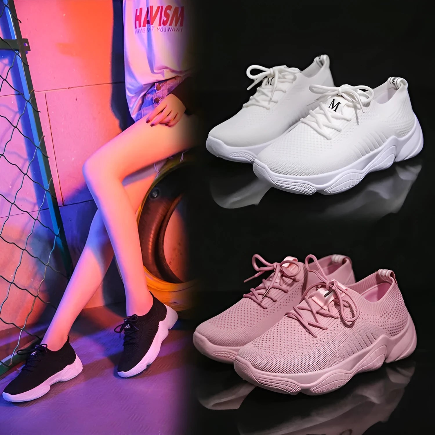 White women's thick-soled casual trainers with woven upper and front strap closure