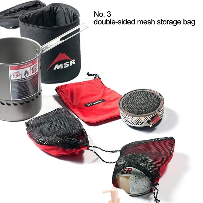 Red 5-piece outdoor travel storage bag set made from 200D Oxford cloth with mesh panels and zipper closures