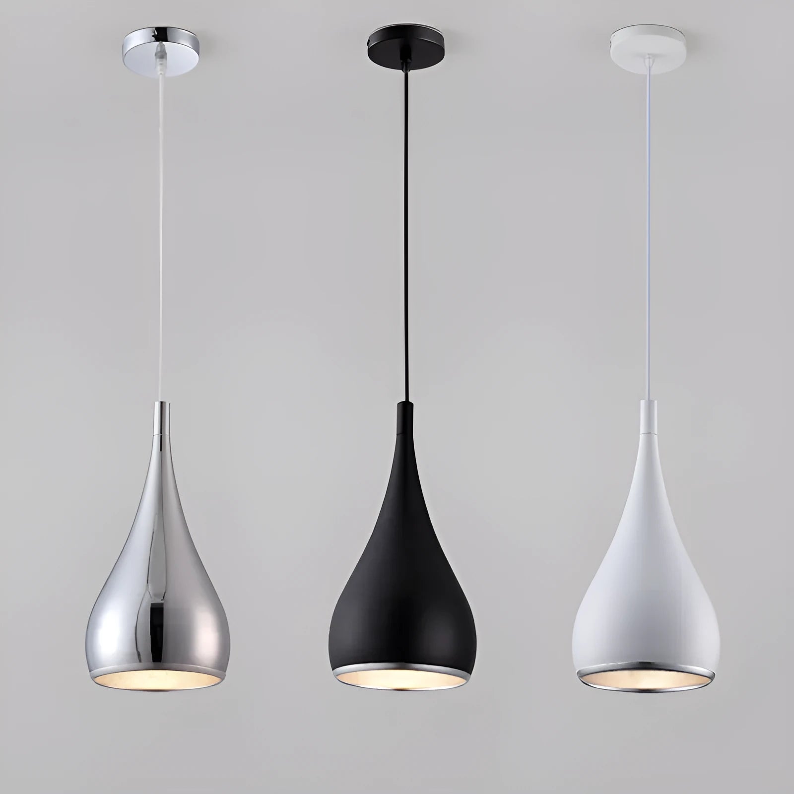 Iron restaurant chandelier ceiling lamp in black white or chrome finish with single or three head configuration