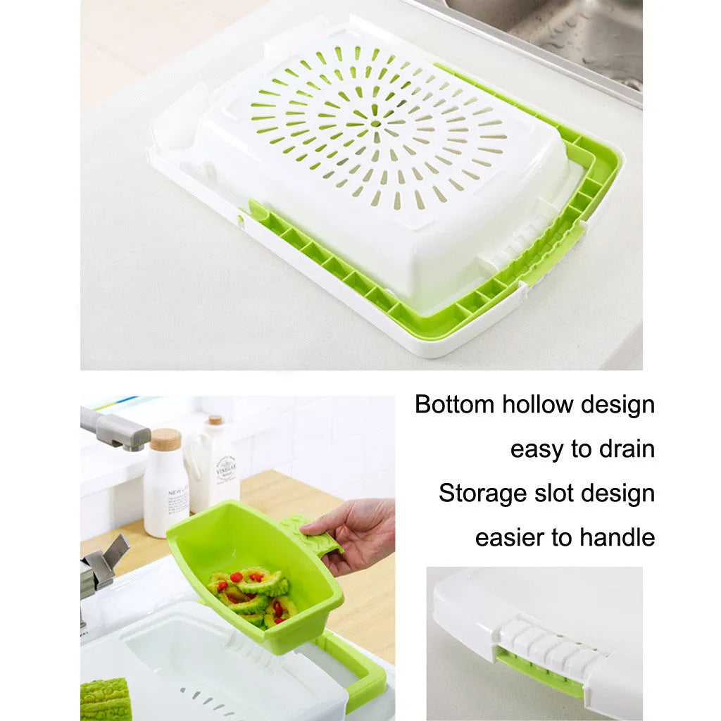 Green multi-function cutting board with sink basket mounted on kitchen sink edge