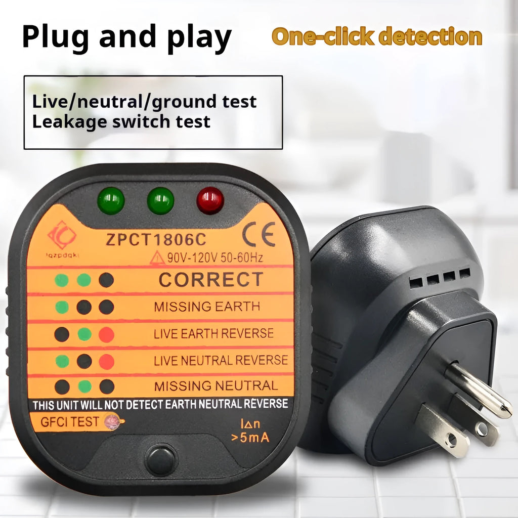 Black socket tester for electrical polarity and earth leakage detection measuring 65mm