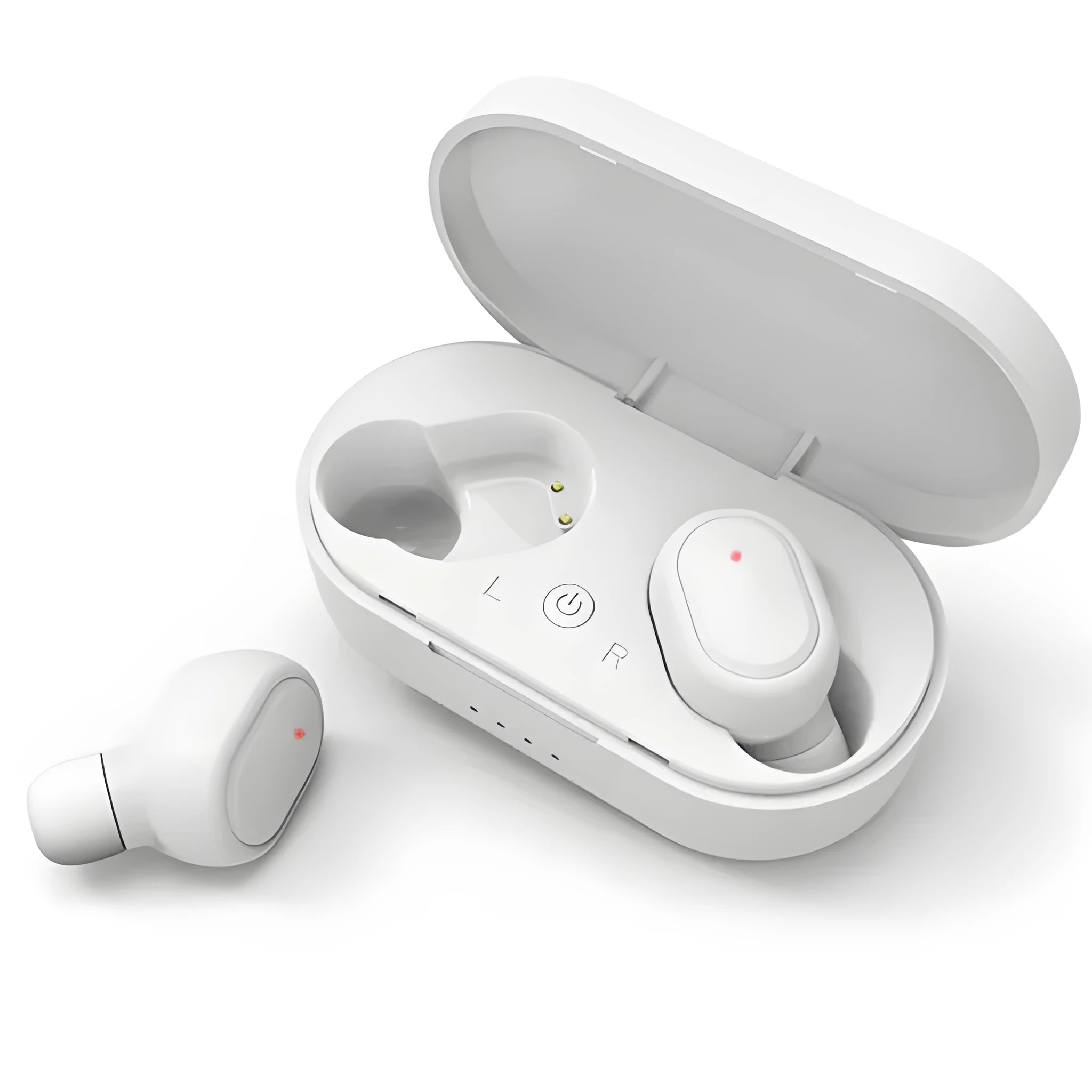 Black and white Bluetooth headphones with earbud design for wireless stereo sound