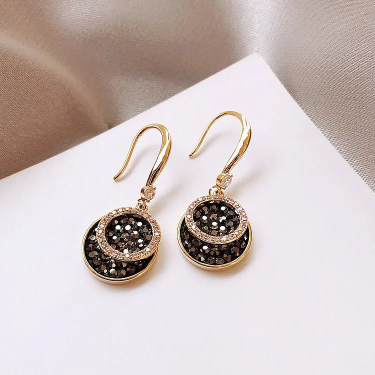 Black geometric round drop earrings with 3.6cm length and retro Hong Kong style design