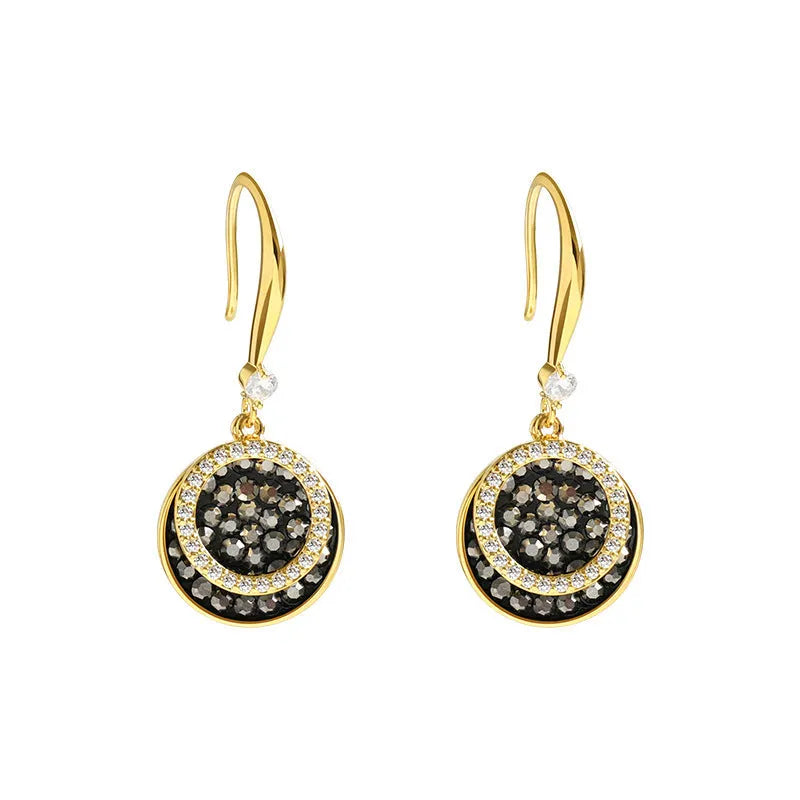 Black geometric round drop earrings with 3.6cm length and retro Hong Kong style design