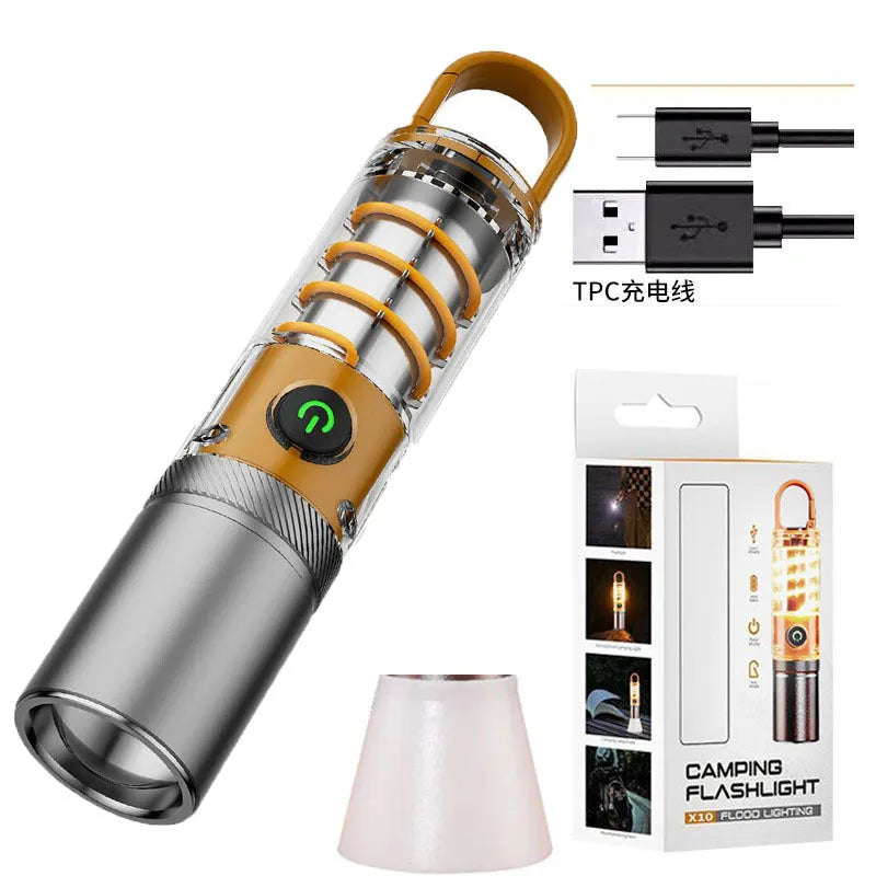 Orange 10W LED torch with optical zoom, hanging hook, and keychain attachment