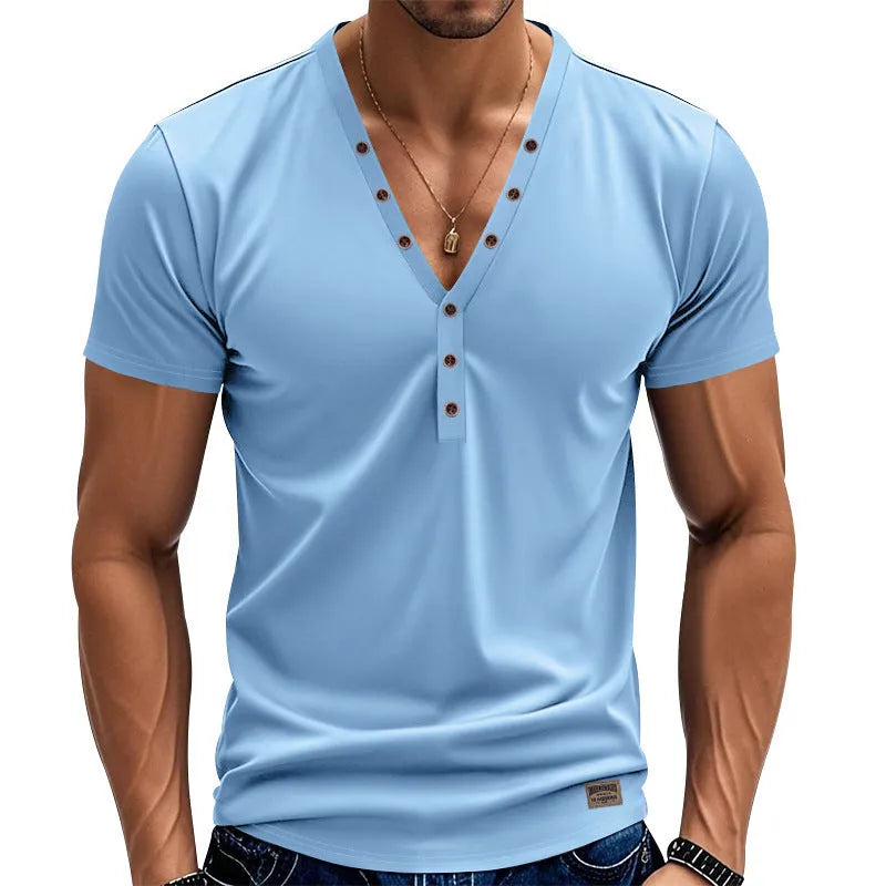 Men's loose thin V-neck pullover top in a solid colour with button detail