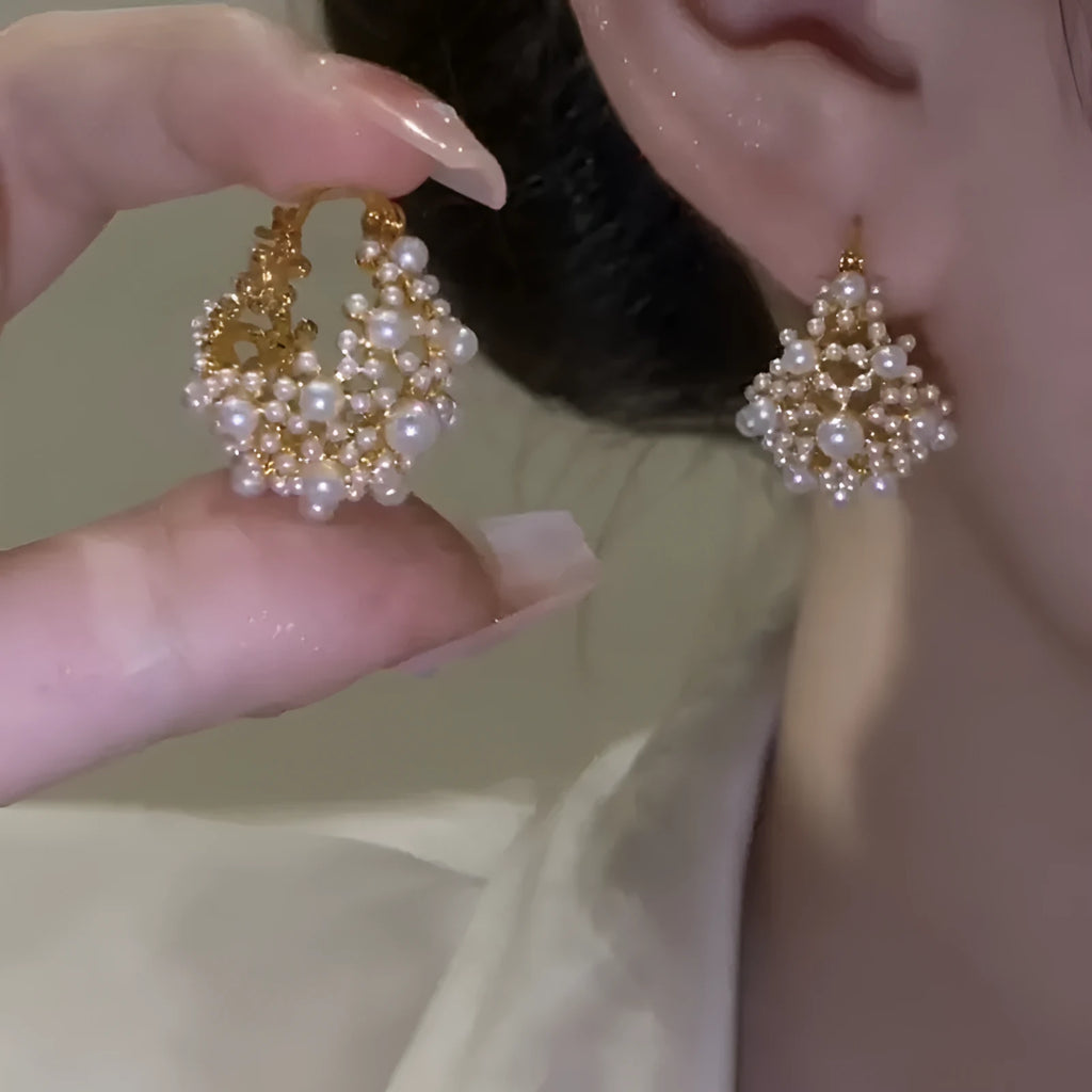 Gold copper flower basket earrings with pearl inlay and small rice-shaped beads