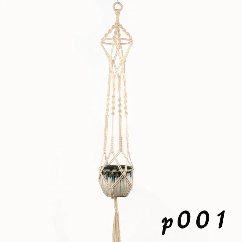 Woven wire plant basket in natural cotton rope, shown as a desktop and hanging planter.