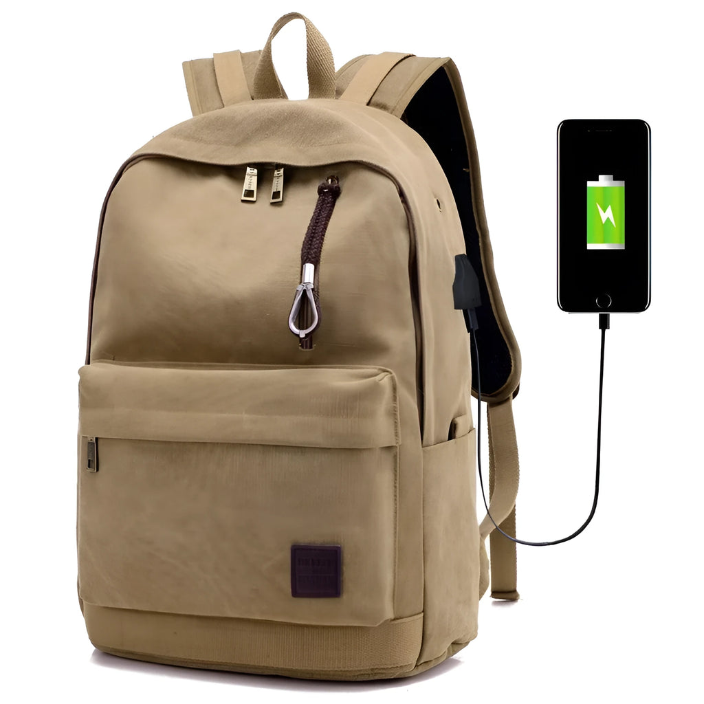 Canvas backpack with USB charging port showing coffee, grey, khaki, and black colour options