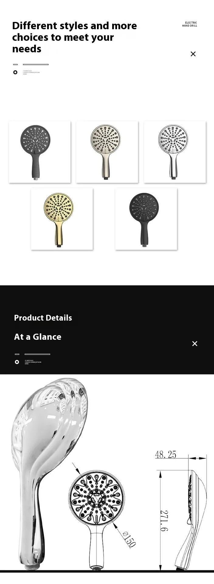 Chrome six-function handheld shower head with 6-inch faceplate on a white background.