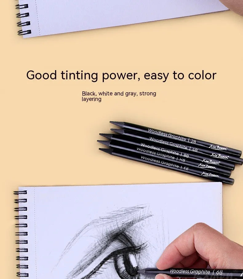 Set of six wood-free graphite sketching pencils with grades HB 2B 4B 6B 8B EE for art.