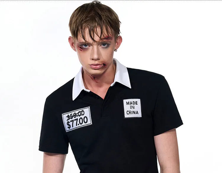 Black slim fit men's polo shirt with embroidered detailing and polo collar for summer wear