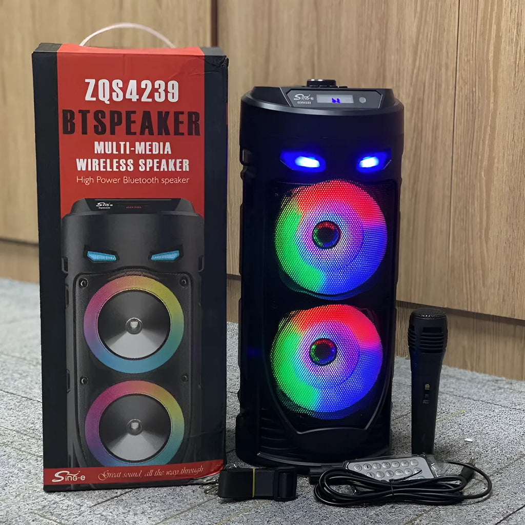 Black portable Bluetooth speaker with dual horn design and wheat aesthetic details