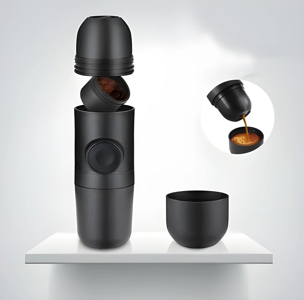 Black portable manual coffee machine measuring 6cm by 17.5cm with stainless steel components