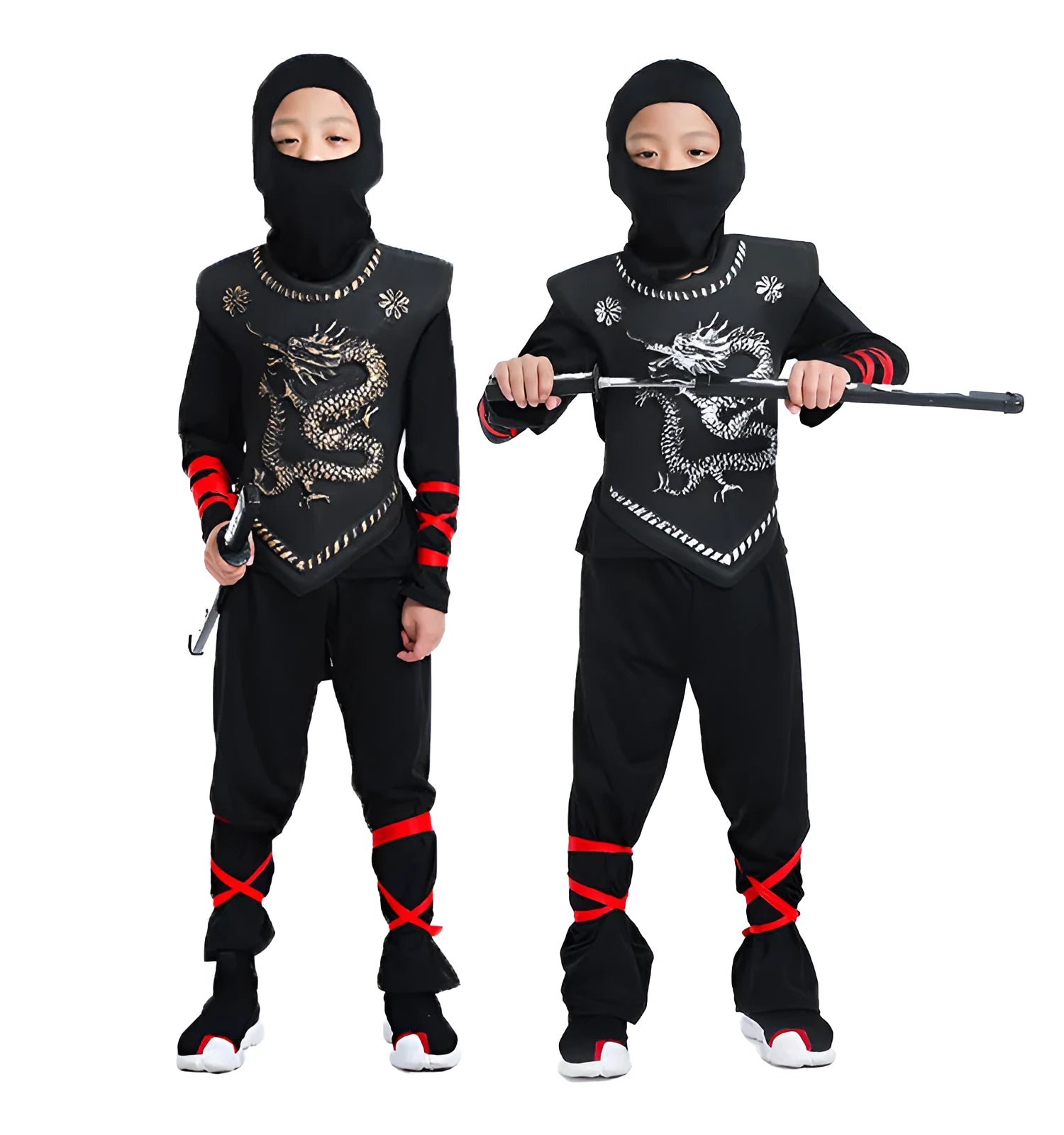 Children's Halloween cosplay costume in cotton-polyester blend with size chart showing measurements