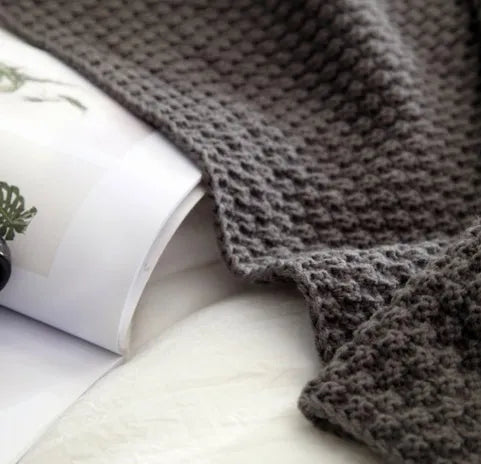 Nordic style fringed knit ball acrylic blanket in beige, brown, dark grey, or bean paste, size 130 by 170 cm.