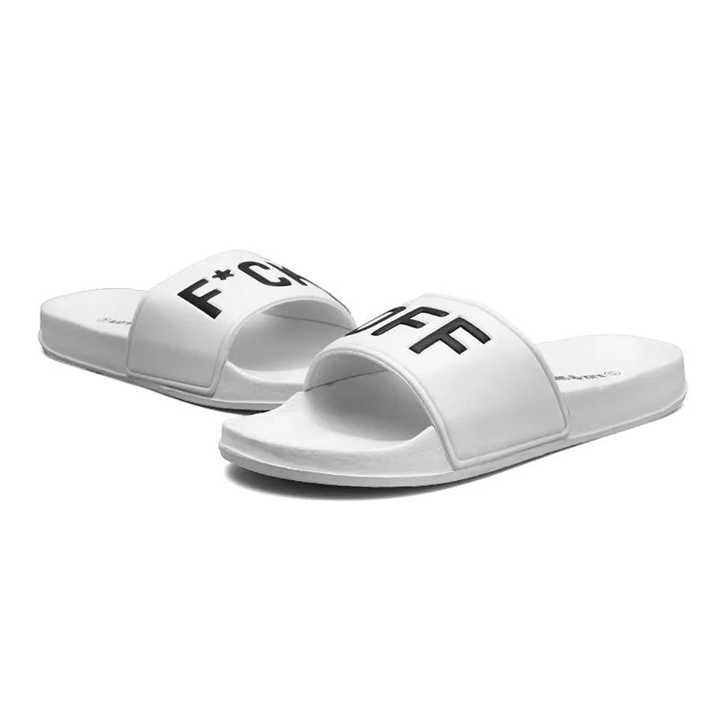 Men's large size open-toe slippers with a rubber sole, shown in black and white colour options.