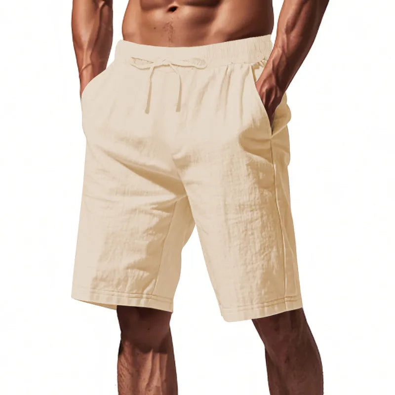 Men's linen beach shorts in solid colour, loose casual straight-leg five length, elasticated waist, summer