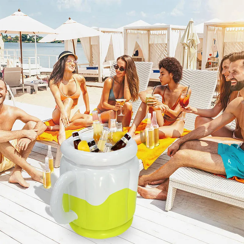 Yellow inflatable PVC ice bucket for outdoor parties and portable drink cooling.