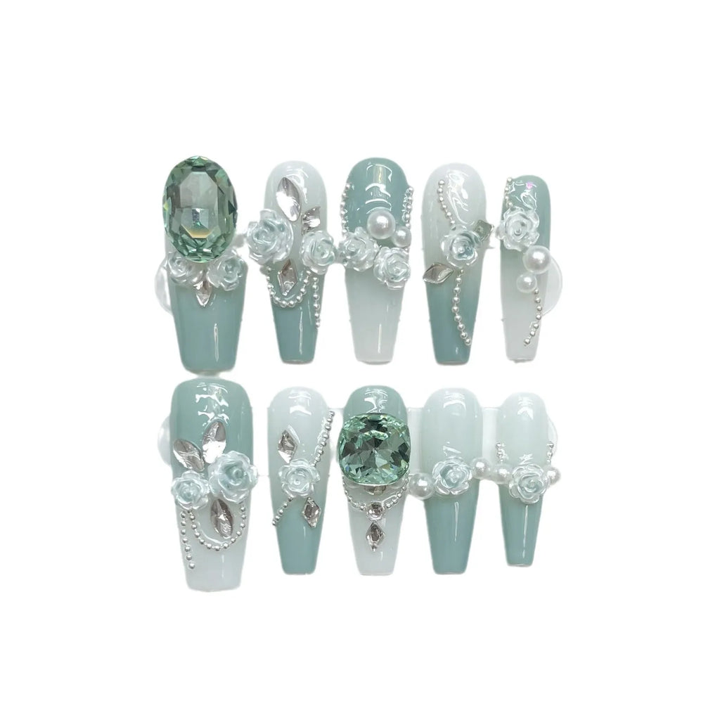 Armour green nail stickers with camellia gradient chain, bow, and butterfly designs in XS, S, M, L sizes.