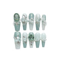 Armour green nail stickers with camellia gradient chain, bow, and butterfly designs in XS, S, M, L sizes.