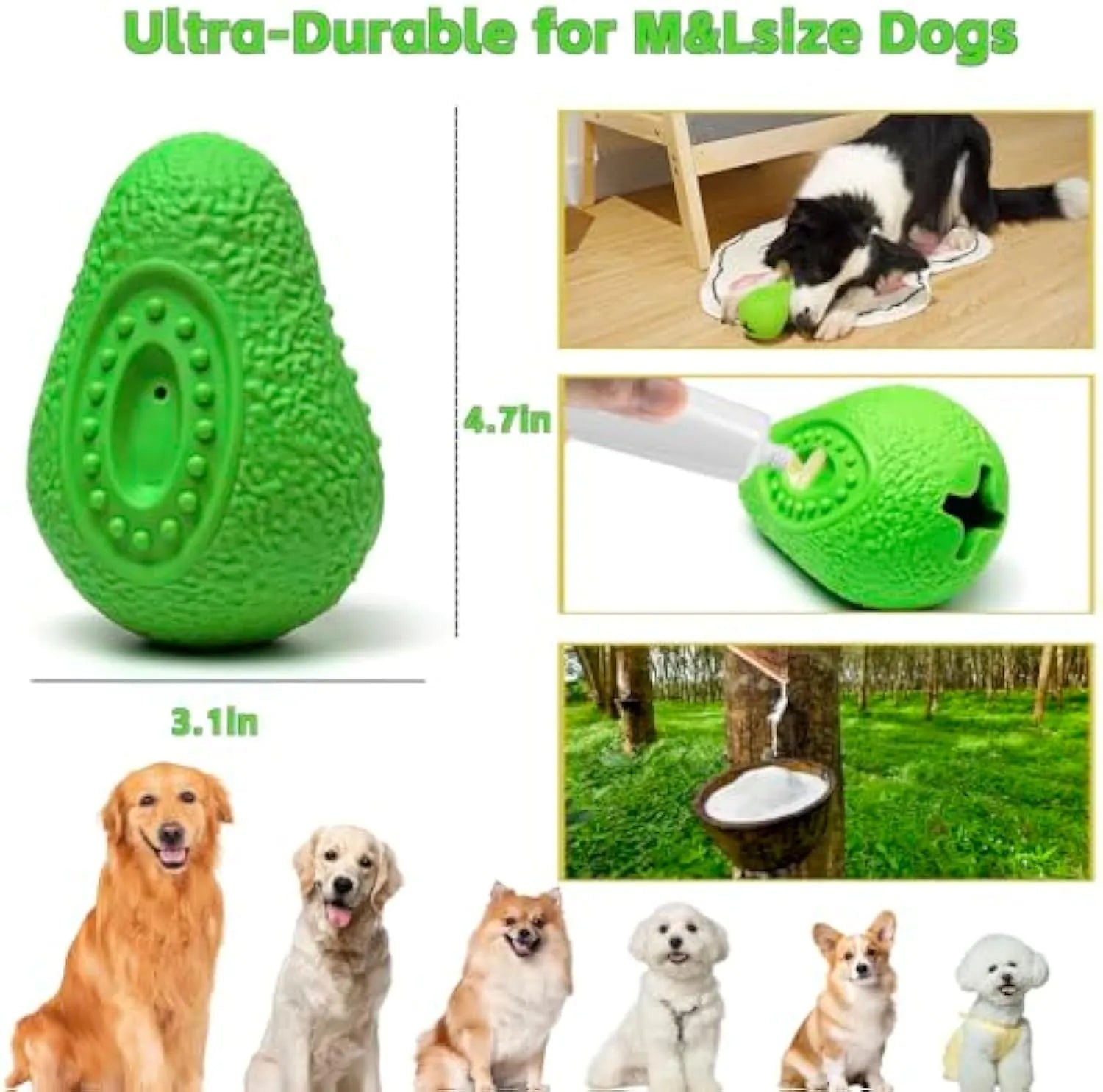 Green natural rubber dog chew toy shaped like an avocado, textured surface, for aggressive chewers.