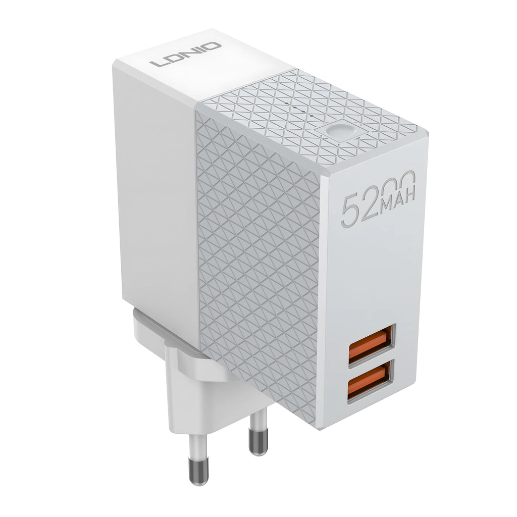 White two-in-one mobile power bank charger with built-in plug measuring 71.5mm