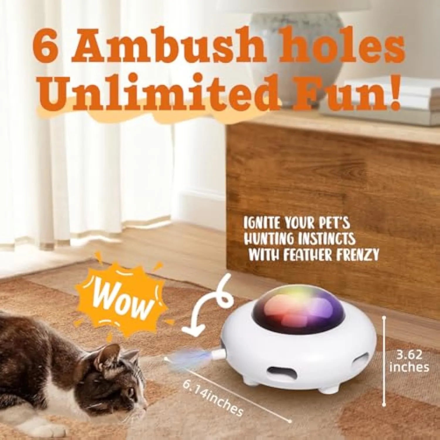 White UFO-shaped automatic cat toy with colourful feathers and LED lights