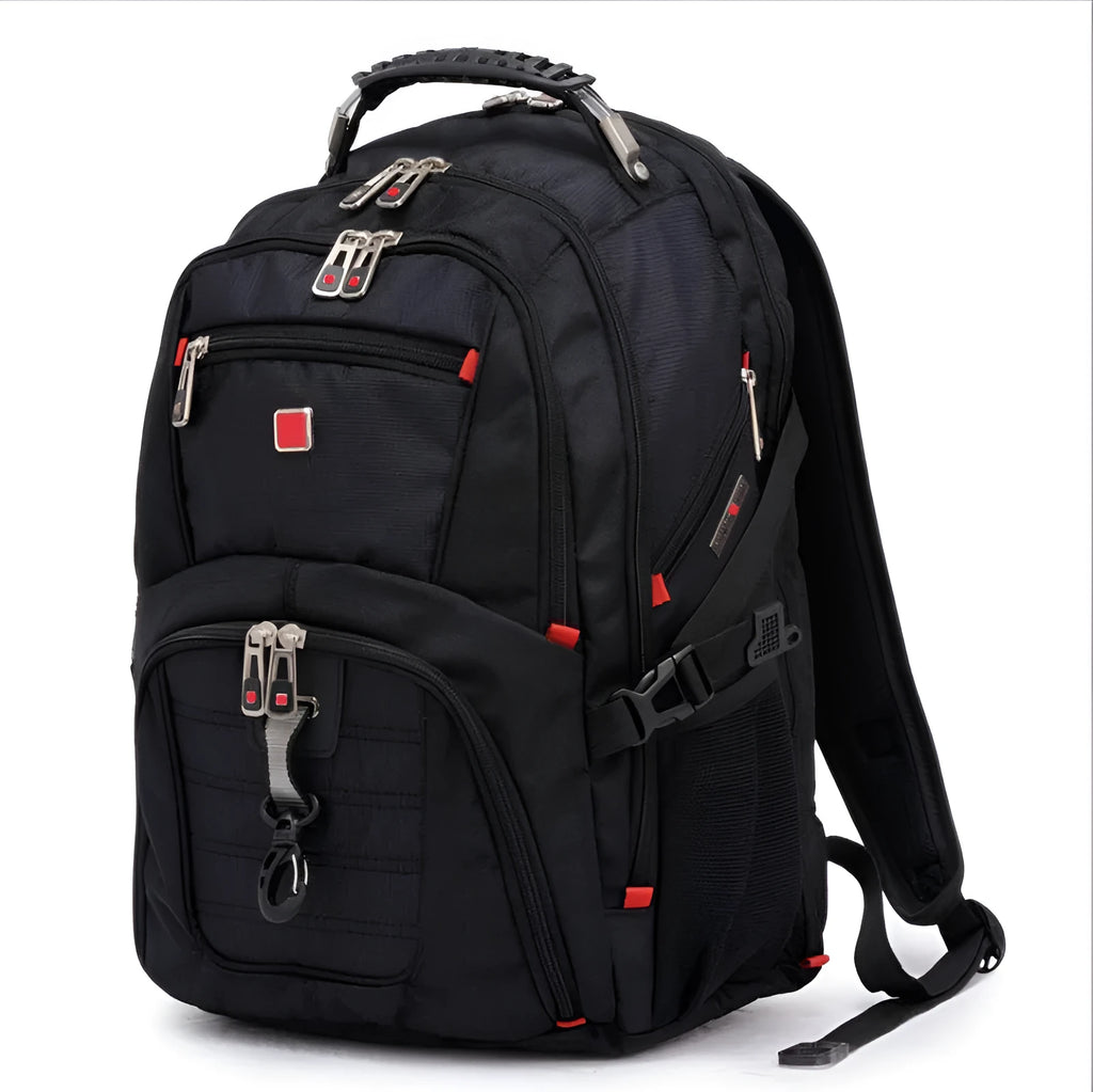 Black 38-litre business laptop backpack open to show multiple organisational compartments.