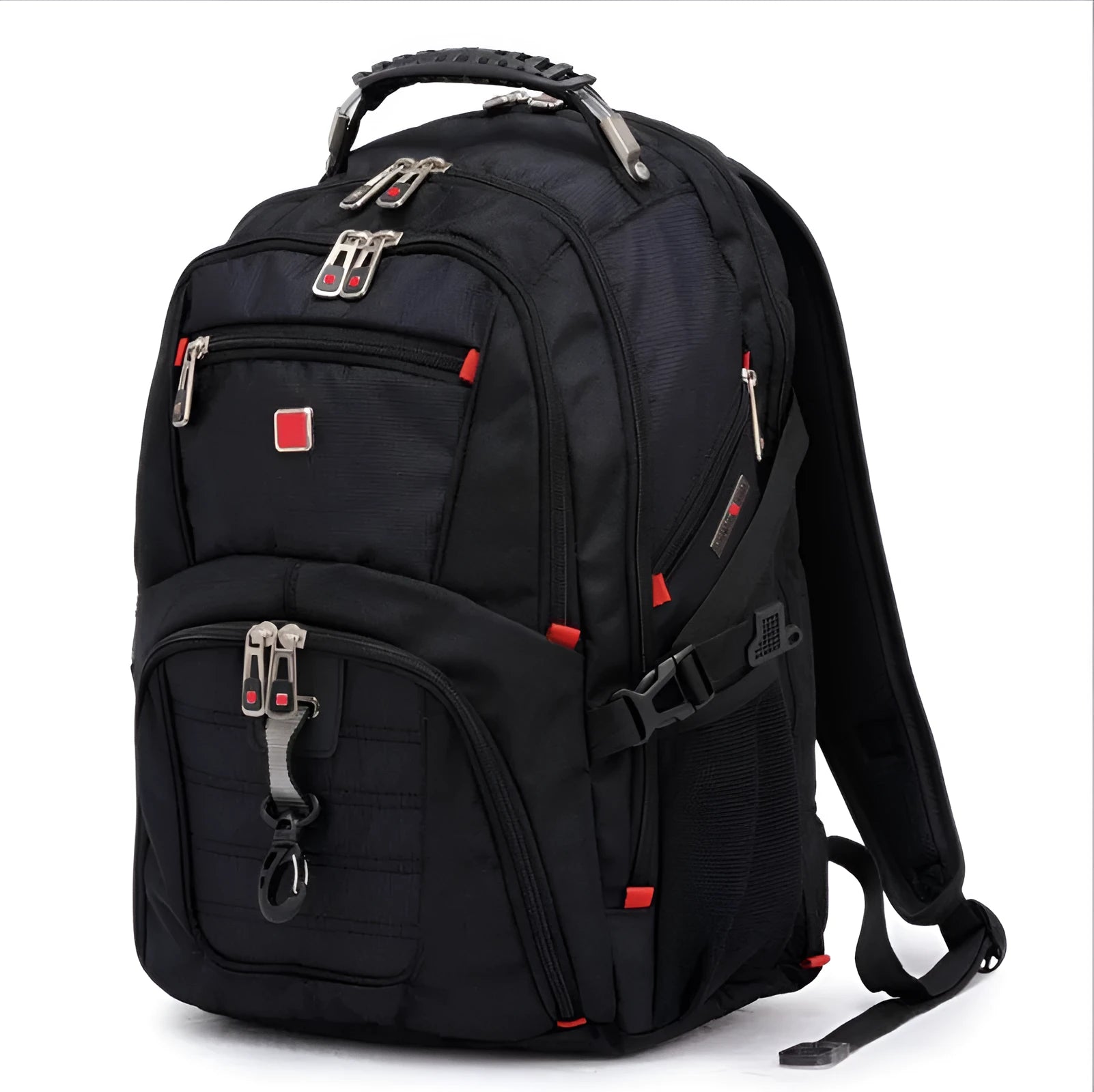 Black 38-litre business laptop backpack open to show multiple organisational compartments.