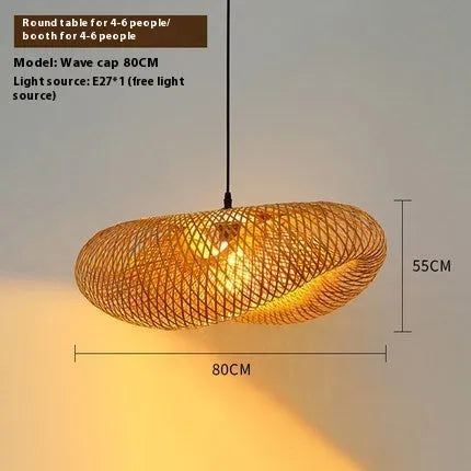 Bamboo straw hat shaped hanging pendant lamp with woven texture on a ceiling.