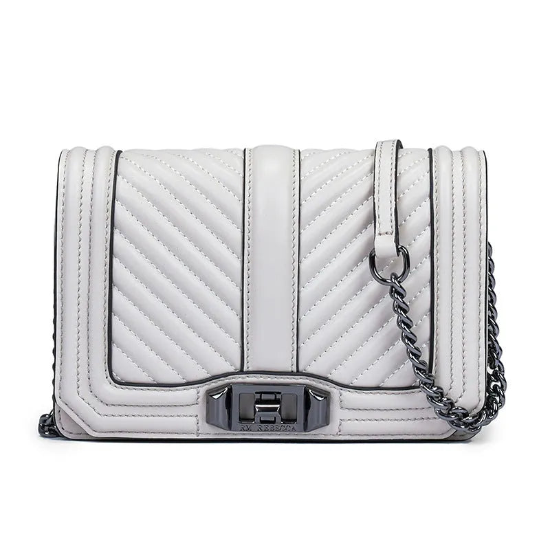Women's shoulder chain bag in first layer cowhide with plaid pattern and chain strap, square shape