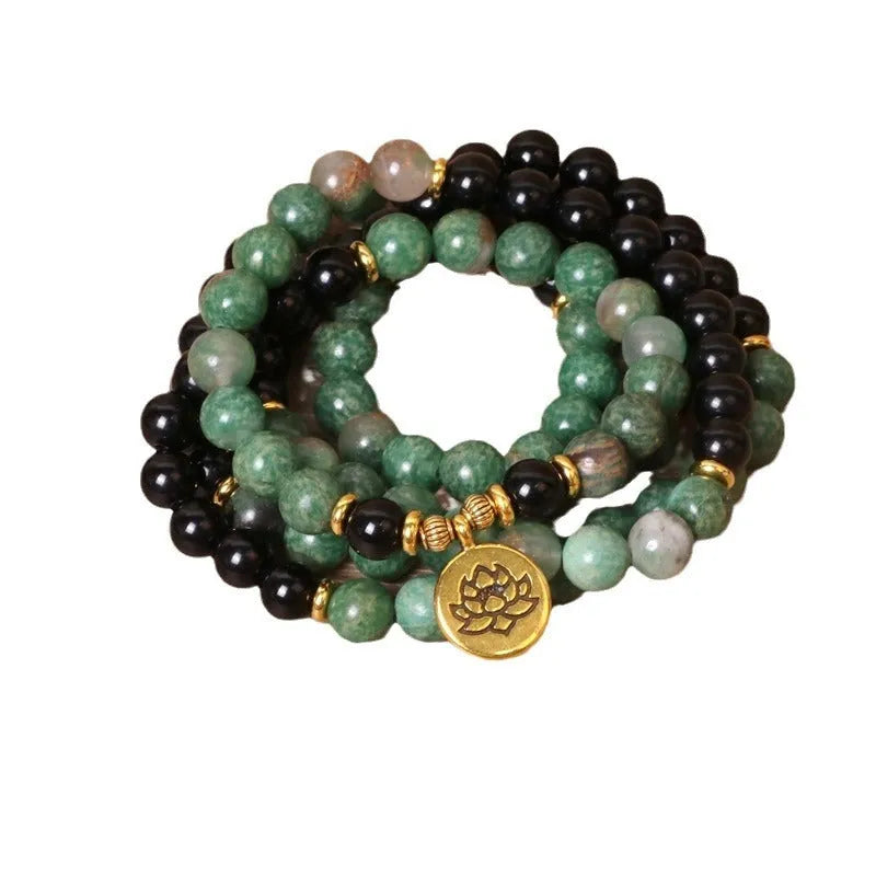 Green and black elastic beaded alloy bracelet with natural styling for wrist accessory