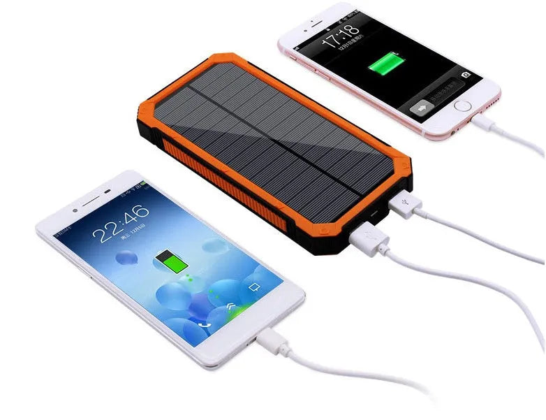 Solar power bank portable charger in black, green, orange, or yellow colours showing front and solar panel.