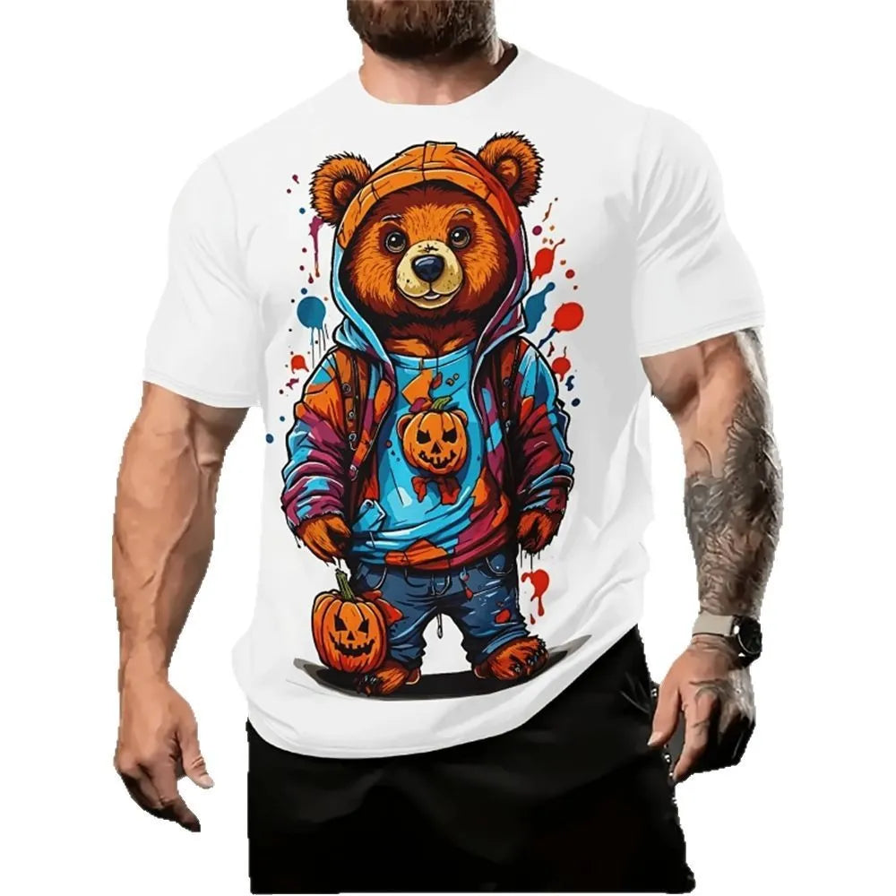 Man wearing a loose-fit short sleeve shirt with a colourful cartoon 3D print design.