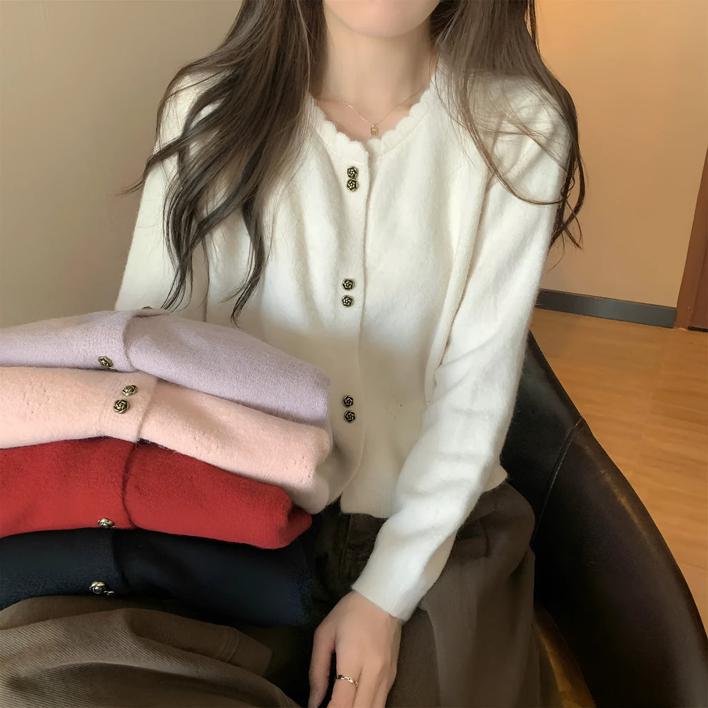 Women's long-sleeved acrylic cardigan coat in free size regular fit showing colour options