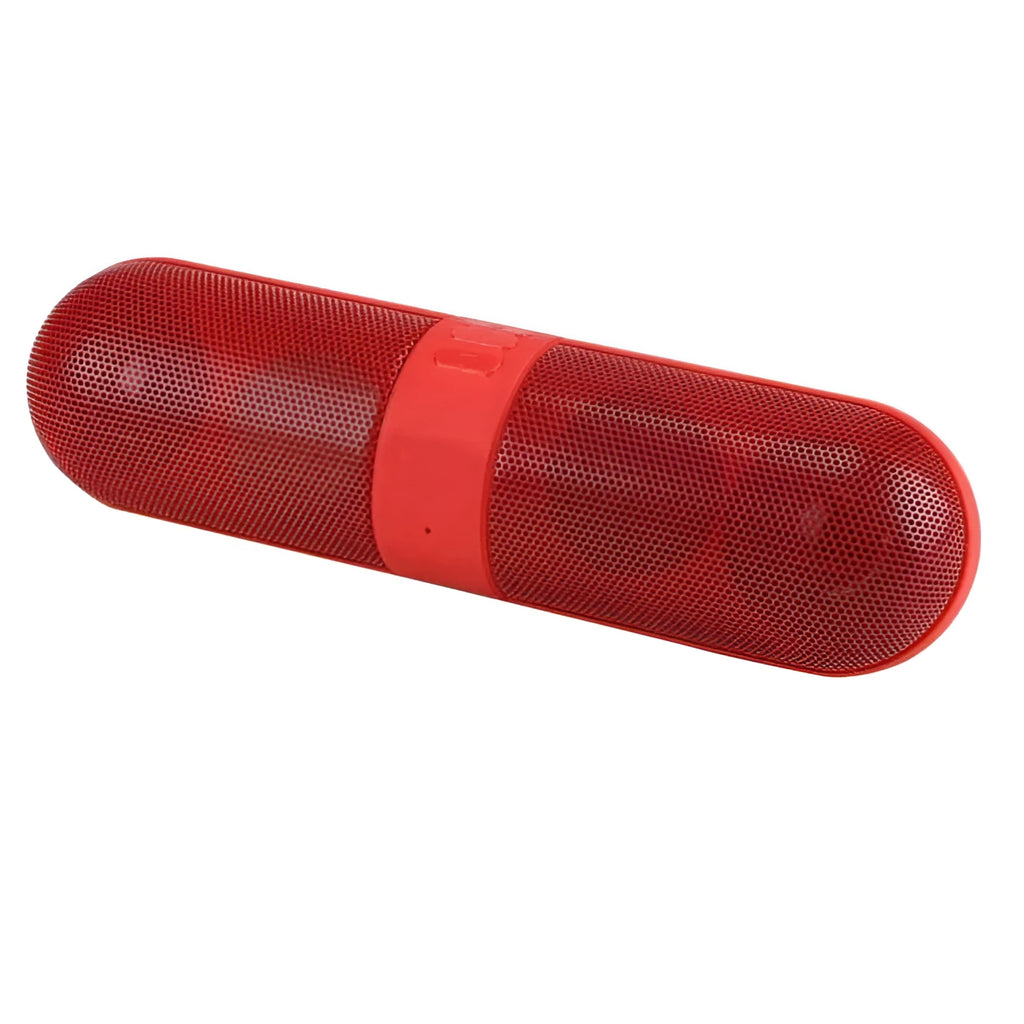 Portable pill Bluetooth audio speaker in blue with button controls and plastic shell