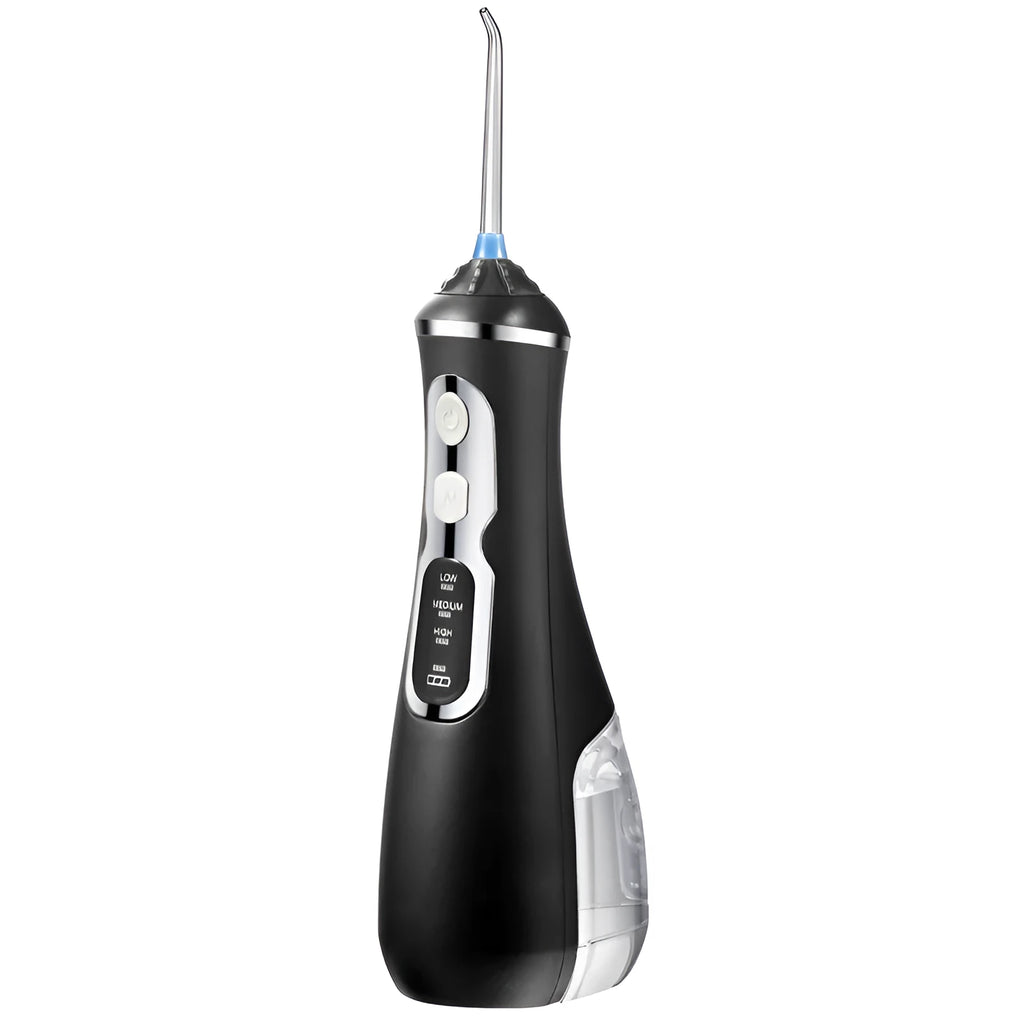 Portable water flosser in black, pink or white with rotating nozzle and USB charging cable