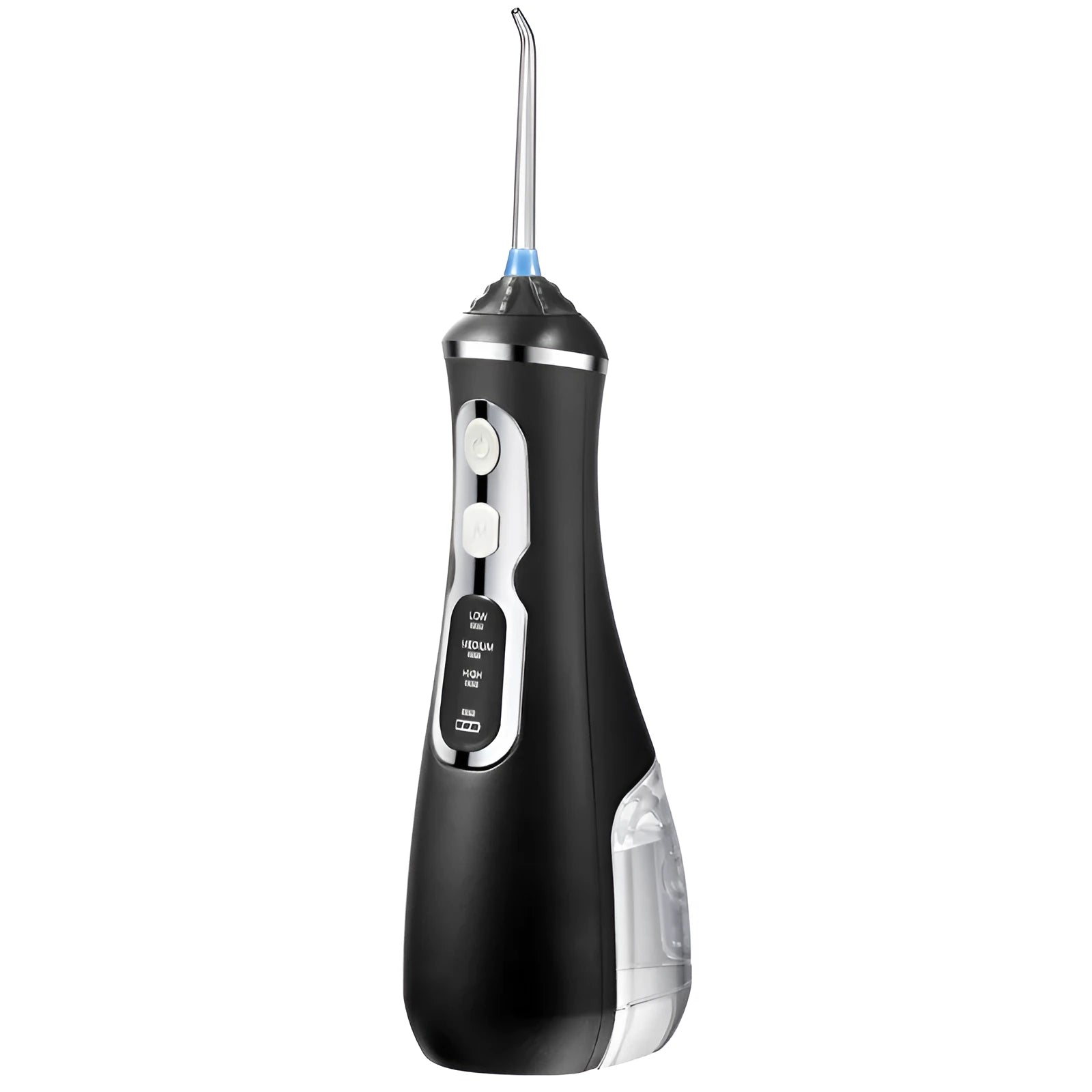 Portable water flosser in black, pink or white with rotating nozzle and USB charging cable