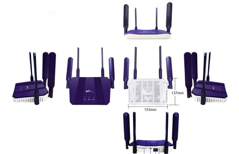 Blue 4G dual mode router with four external antennas showing dimensions 153x137x21mm