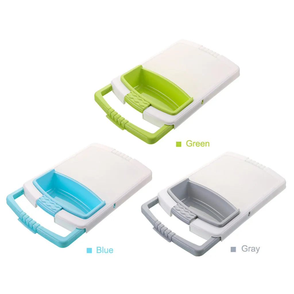 Green multi-function cutting board with sink basket mounted on kitchen sink edge