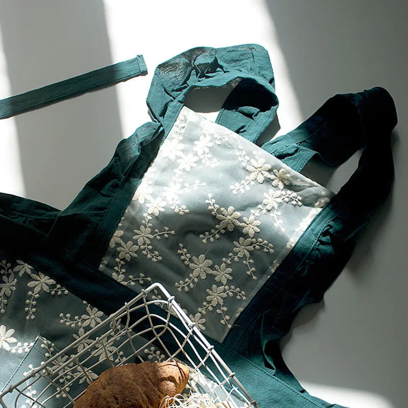 Minimalist cotton linen X strap apron with lace detailing in solid colour options
