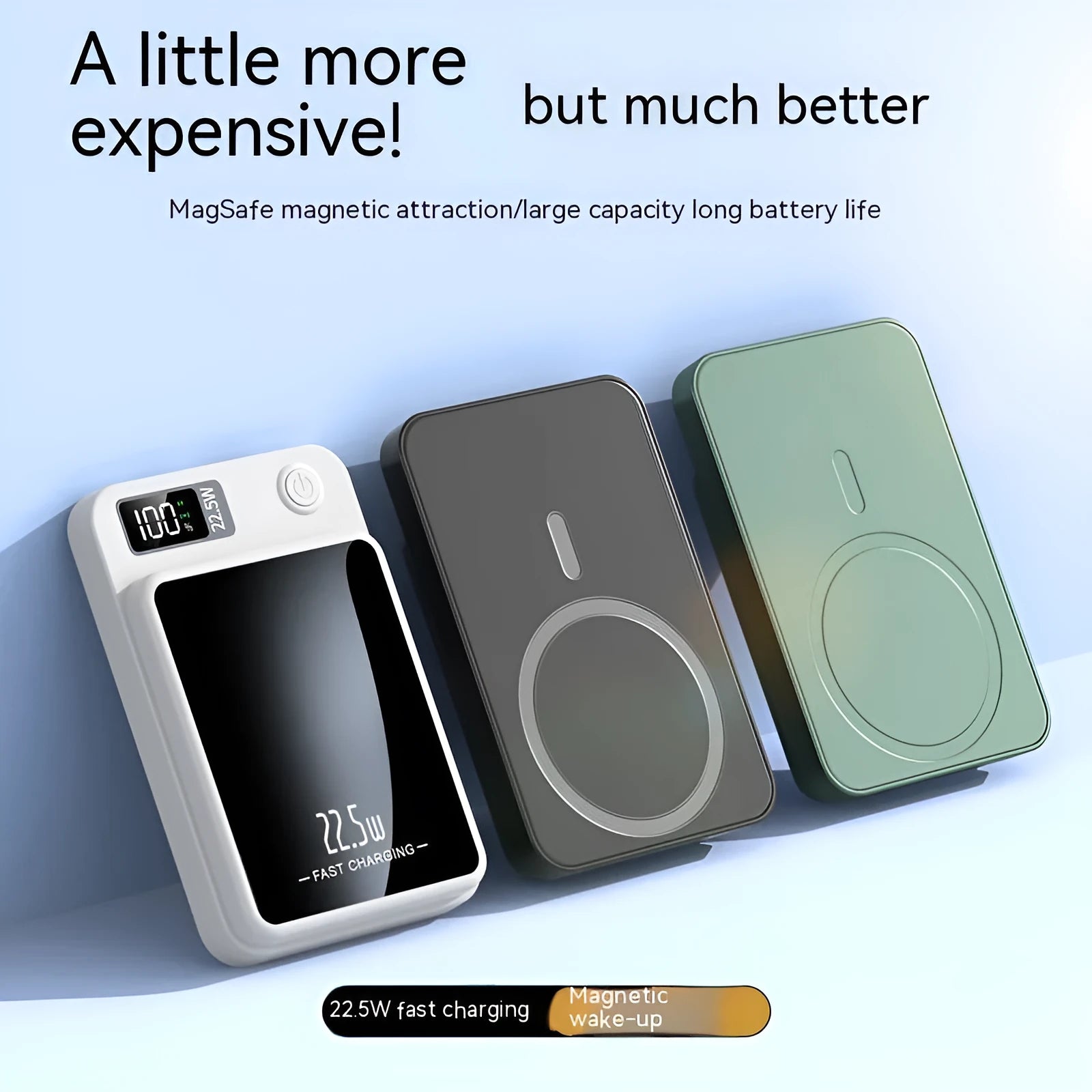 Wireless power bank with MagSafe compatibility in black, white, purple, and green colour options showing compact plastic design