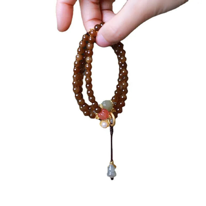 Brown jade and silver three-ring bracelet with butterfly gourd design for 14-16cm wrists